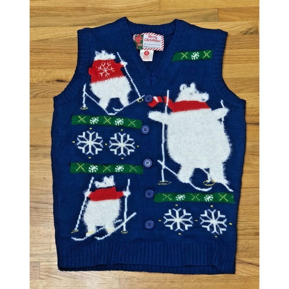 Merry Christmas Ugly Sweater Women's S Blue‎ Polar Bear Graphic Holiday